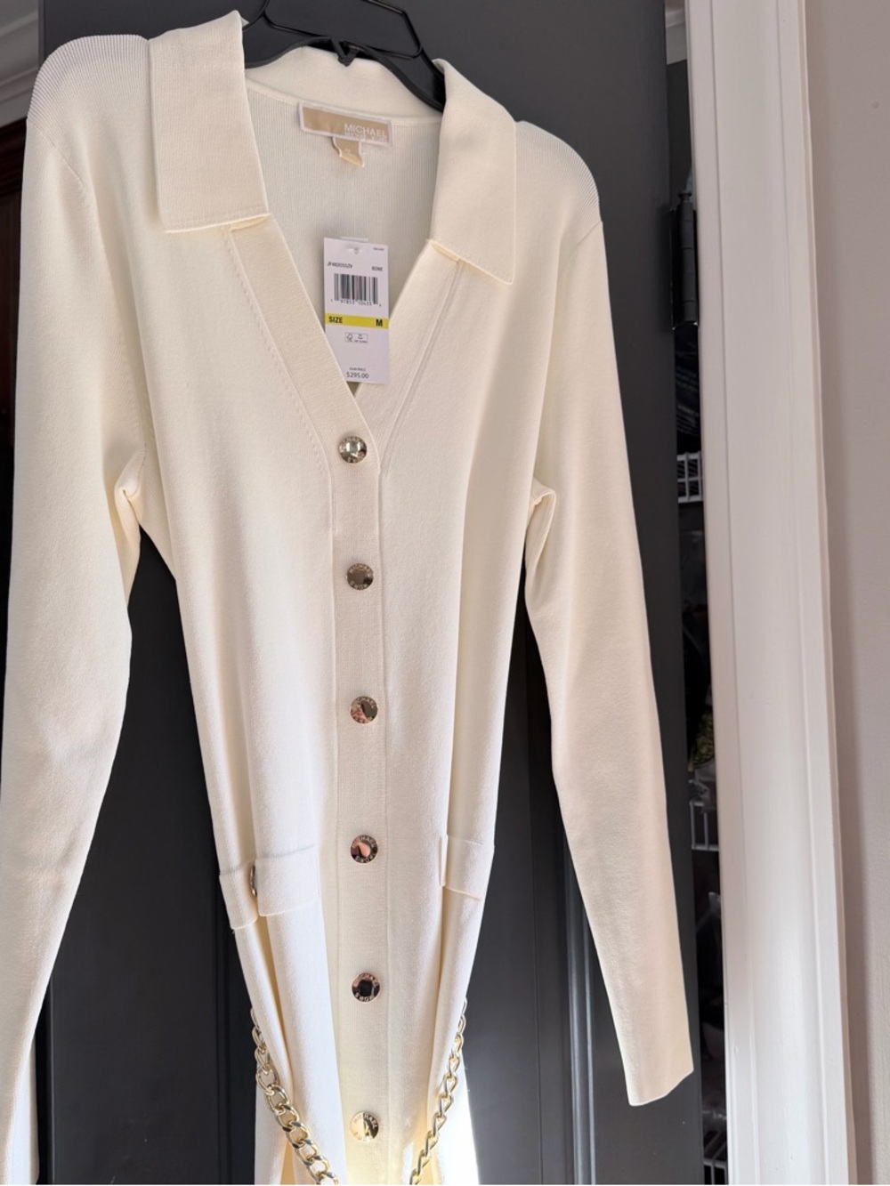 Michael KORS Stretch Signature Viscose Belted Gold Chain Midi Dress Ivory Medium - Picture 5 of 13